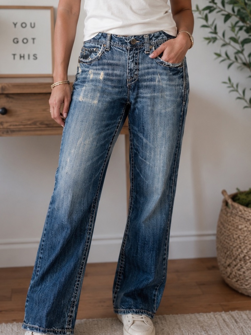 BKE Fulton Jeans Women 30x30 Blue Distressed Straight Leg 100%Cotton Medium Wash